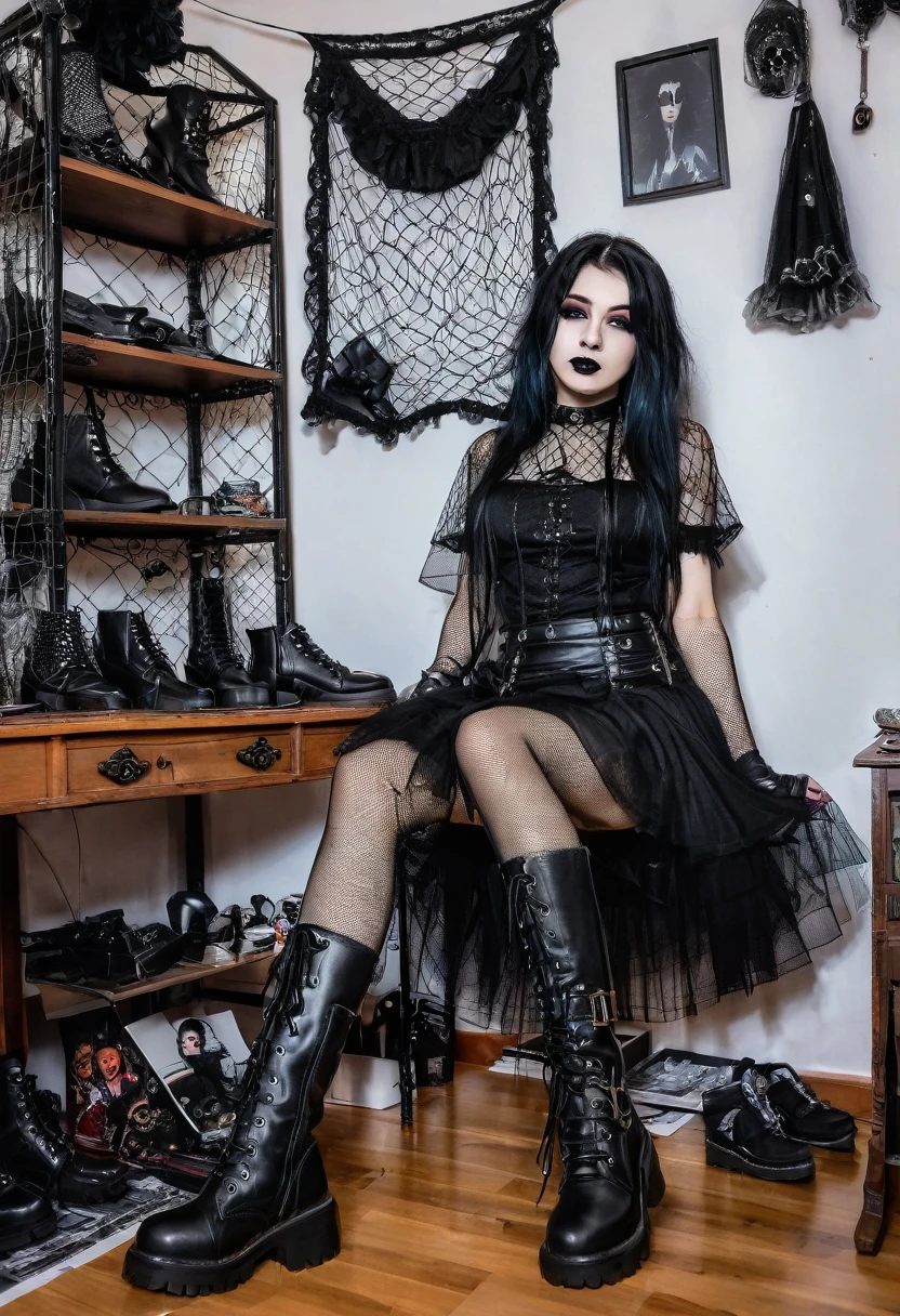 gothic chuca, with black skirt, mesh netting, gothic boots, taking a photo in his room