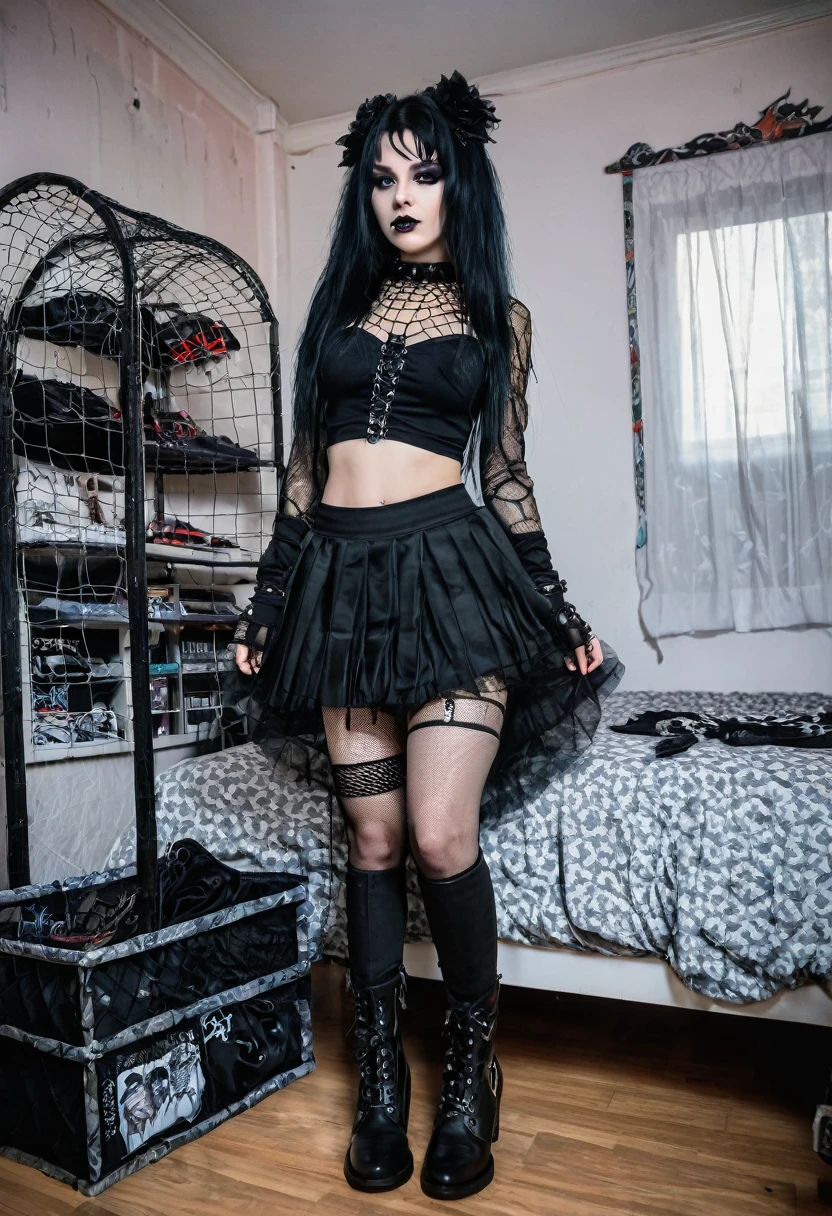 gothic chuca, with black skirt, mesh netting, gothic boots, taking a photo in his room