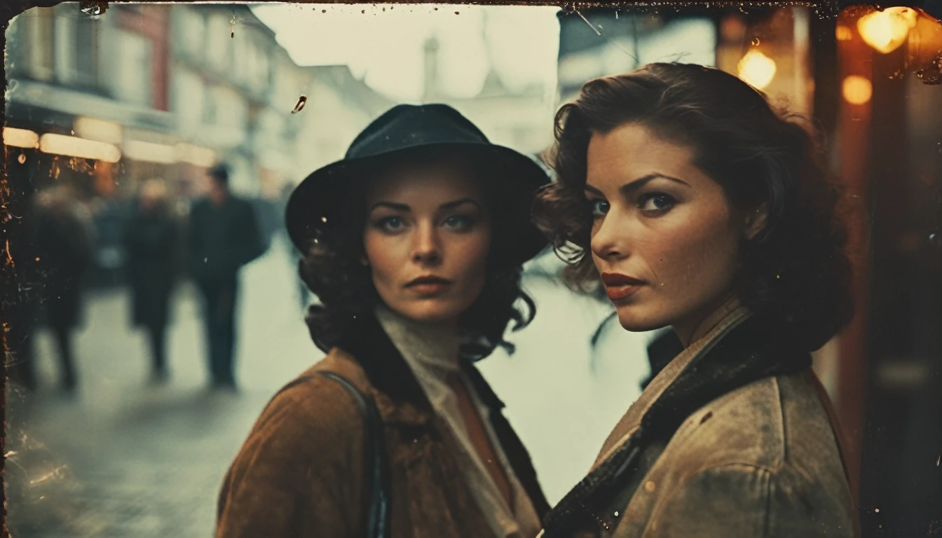 35mm vintage street photo of a handsome lady talking to viewer, with beer in hand, a beautiful lady holding a knife up behind the lady,  pub, bokeh, professional