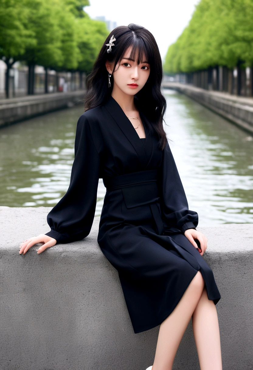 Black Hair、Black Feather、Gothic punk dress、Legs sticking out, Crossing your legs、anime zombie witch design, Crossbones, Streetwear Design, Provector, Horror Style, Full Design, Only 6 colors, Solid Colors, No Shadow, Full Design, Stickers, Bright colors, White Background.Ultra-fine illustrations,(((Beautiful fine hair))),(((Beautiful Faces))),(((Beautiful background))),(((Beautiful fine hair))),(((Beautiful Faces))),(((Beautiful background)))、Black Hair、Blunt bangs,Undershot,yukata,Tanabata,River side