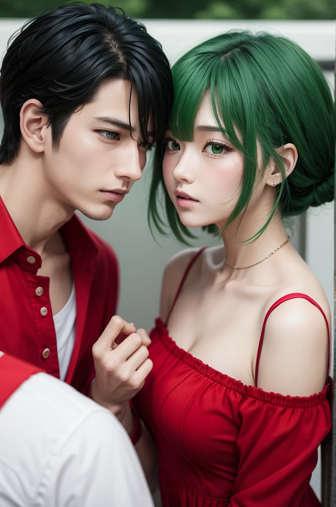 Anime style couple in green and boy in red