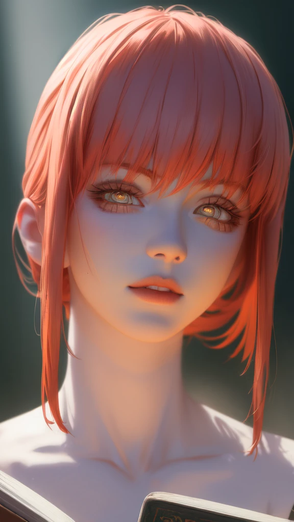 a young girl, holding a book, short red hair, blue eyes, smiling, serious expression, detailed portrait, beautiful detailed eyes, beautiful detailed lips, extremely detailed eyes and face, long eyelashes, (best quality,4k,8k,highres,masterpiece:1.2),ultra-detailed,(realistic,photorealistic,photo-realistic:1.37),digital art, oil painting, cinematic lighting, vibrant colors, warm color palette