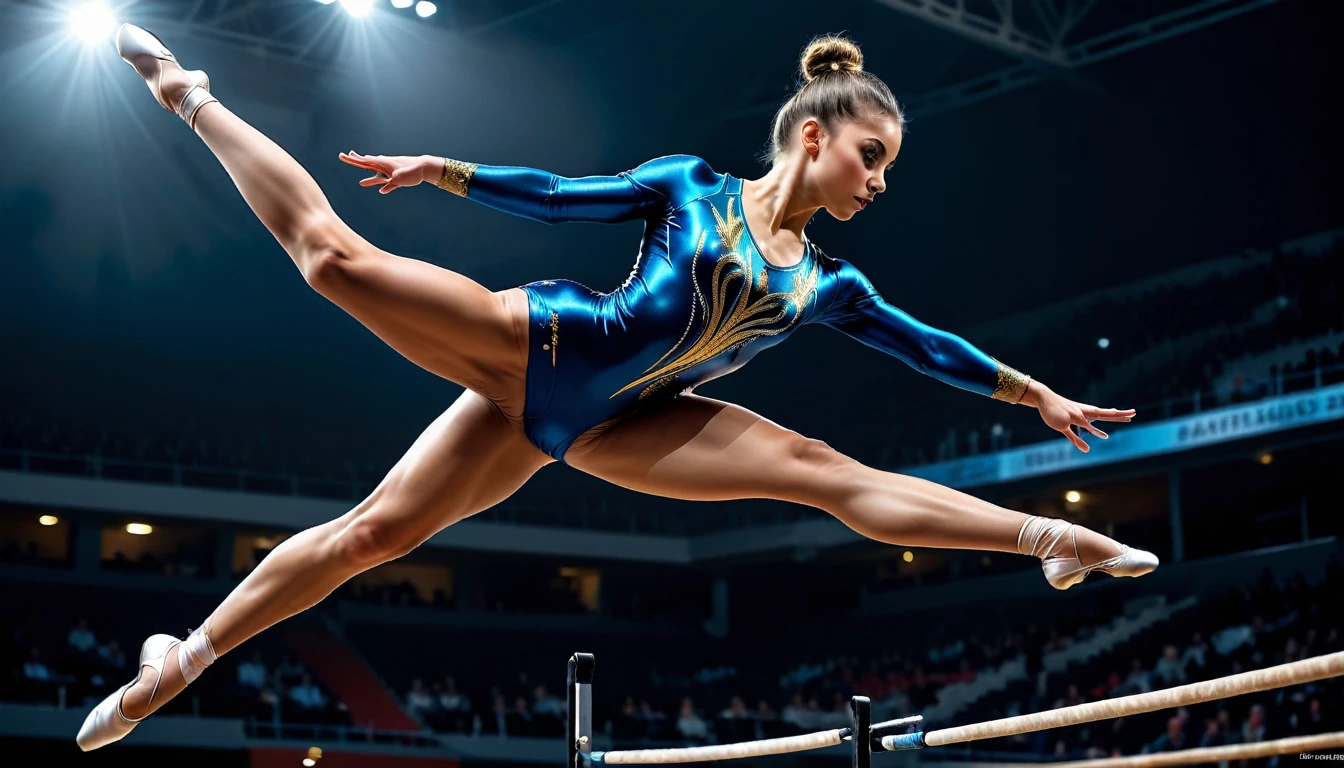 masterpiece ultra haute résolution avec la meilleure qualité, capturer l’essence de la photographie sportive intense, Une sublime gymnaste féminine en action de saut , Capturez-la de la tête aux cuisses, presenting her as a powerful and elegant gymnast with an artistic and sensual body, More details, Improve, ((Masterpiece in maximum resolution of 16K):1.6),((gentle_color_photographie:)1.5), ((ultra-detailed):1.4),((Images fixes et angles dynamiques dignes d’un film):1.3), ((Flou de mouvement):1.1)