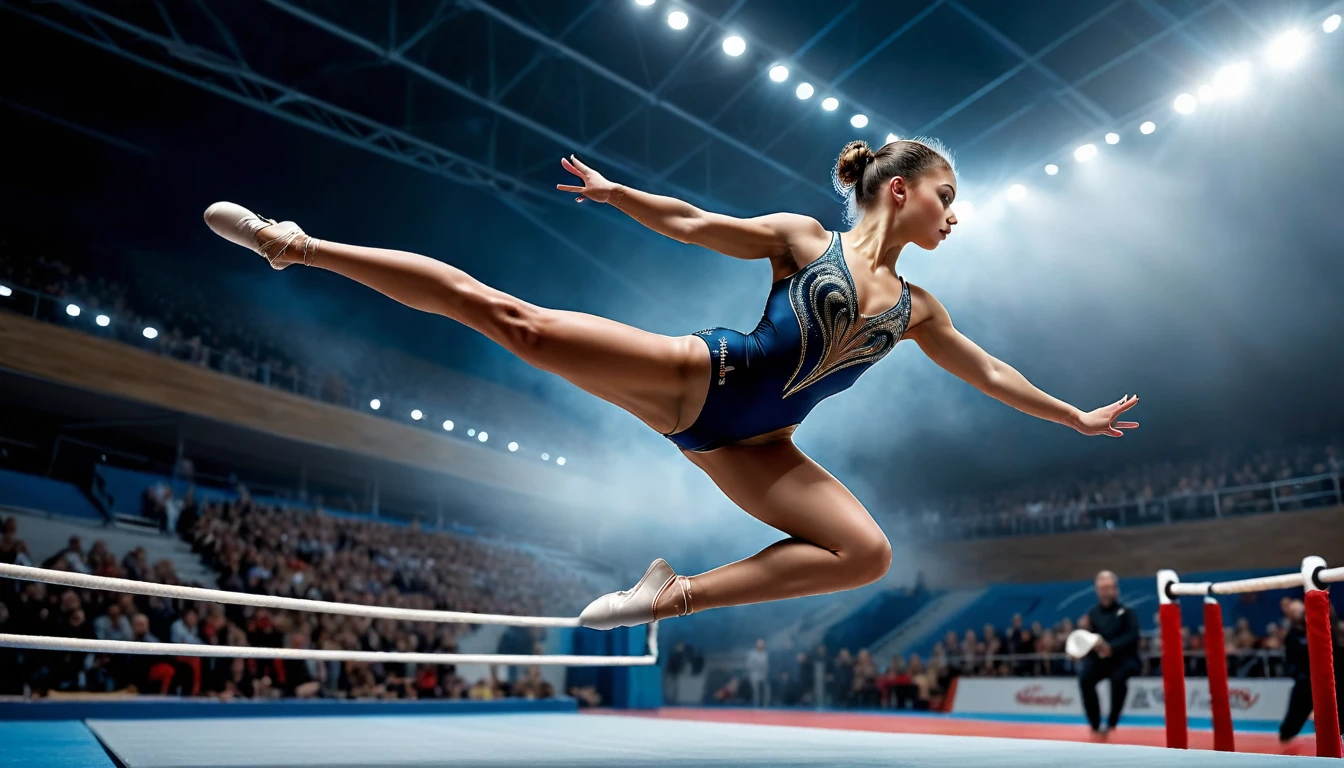 masterpiece ultra haute résolution avec la meilleure qualité, capturer l’essence de la photographie sportive intense, Une sublime gymnaste féminine en action de saut , Capturez-la de la tête aux cuisses, presenting her as a powerful and elegant gymnast with an artistic and sensual body, More details, Improve, ((Masterpiece in maximum resolution of 16K):1.6),((gentle_color_photographie:)1.5), ((ultra-detailed):1.4),((Images fixes et angles dynamiques dignes d’un film):1.3), ((Flou de mouvement):1.1)
