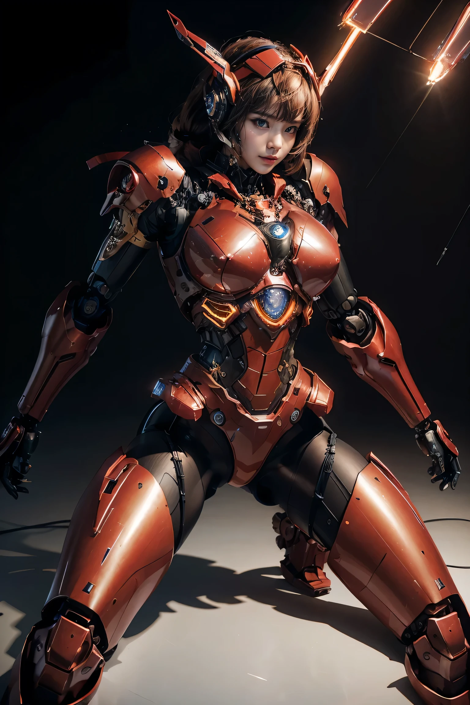 Create a detailed illustration of a red mech robot with a bulky and armored design. The robot has a strong and powerful appearance, with multiple segments and mechanical parts visible. It features a helmeted head with sharp angles, large shoulder armor, and heavily armored legs. The mech has a distinct red color scheme with accents of black and gold, giving it a formidable and imposing look.