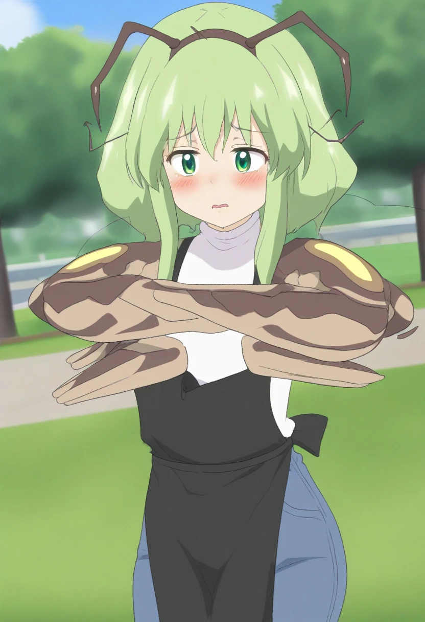 {{portrait, dutch angle}} {{Artist: Sincos}} 1female, mature female, 4arms, insect girl, wings, green eyes, carapace, chitin, antennae, green carapace, green hair, cute, flustered, day, park, black apron, blue jeans, white shirt, 