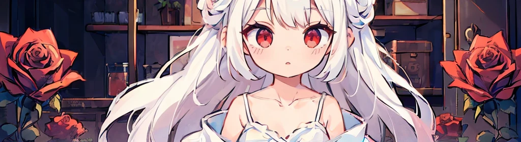 ((((1girl:1.5)))), white hair, red eyes, long hair, (collarbone:1.4), (2d, chibi, cute, cute, small , big eyes), ((((rose)))), skin color white, think about something, background/(in the room ,modern girl&#39;s room, bed, Soft mood lighting)