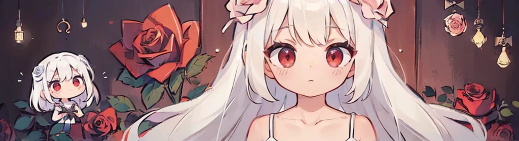 ((((1girl:1.5)))), white hair, red eyes, long hair, (collarbone:1.4), (2d, chibi, cute, cute, small , big eyes), ((((rose)))), skin color white, think about something, background/(in the room ,modern girl's room, bed, Soft mood lighting)