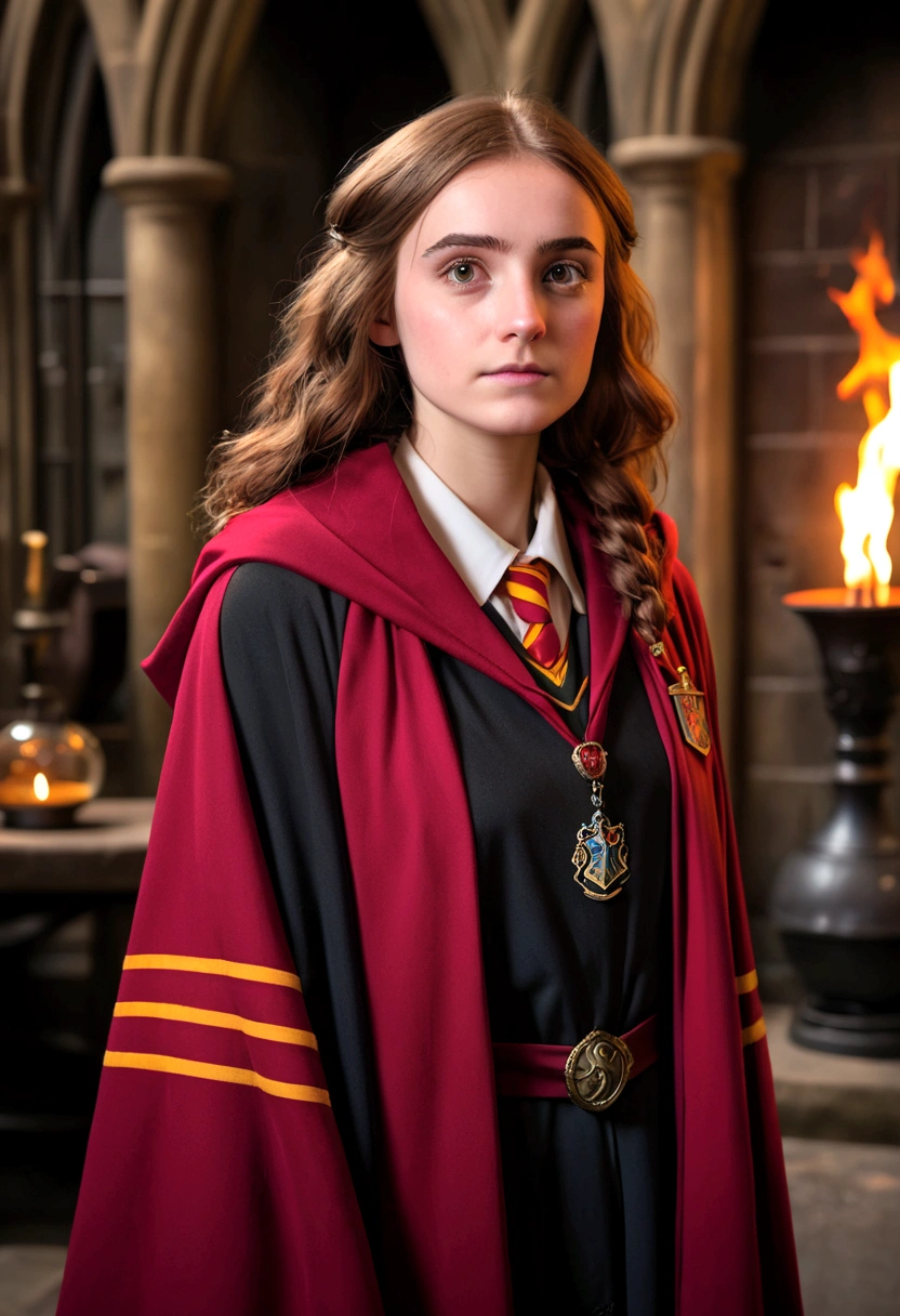 Aged 25 woman in Harry Potter robes(((medium close-up))),1girl in,8K, Raw photography, top-quality, ​masterpiece, realisitic,Robes,wearing black wizard robes, Gryffindor, magic , wearing robes and neckties, hogwarts style, wearing red sorcerer's robes, High quality clothing, (Canon EOS 5D Mark IV Camera, Famous for capturing vibrant colors and rich textures:1.2)
