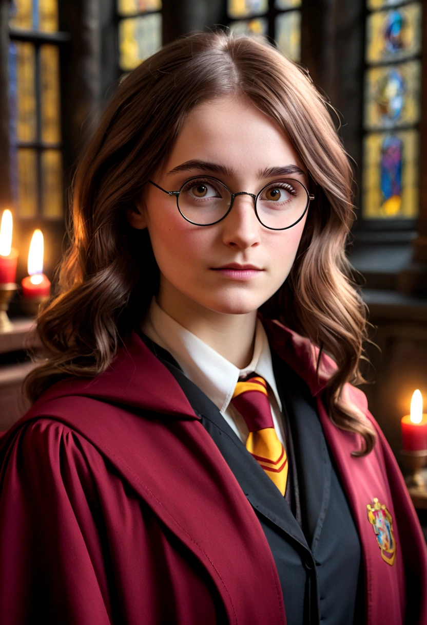 Aged 25 woman in Harry Potter robes(((medium close-up))),1girl in,8K, Raw photography, top-quality, masterpiece, realisitic,Robes,wearing black wizard robes, Gryffindor, magic , wearing robes and neckties, hogwarts style, wearing red sorcerer's robes, High quality clothing, (Canon EOS 5D Mark IV Camera, Famous for capturing vibrant colors and rich textures:1.2)