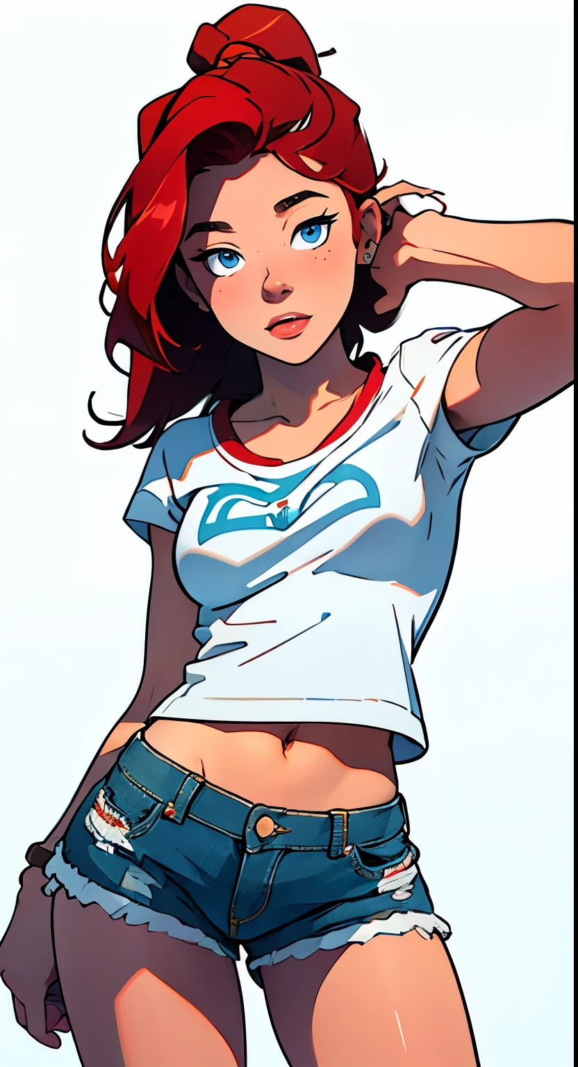 Fmasterpiece, best quality, full body,1girl,the highest image quality, 21-year-old woman, looks like Olivia Dunne, bright red hair, blue eyes, wearing a white graphic tee and denim shorts, large breasts, White background, empty background whole body , standing normally, shocked expression on her face, mouth open, eyes wide