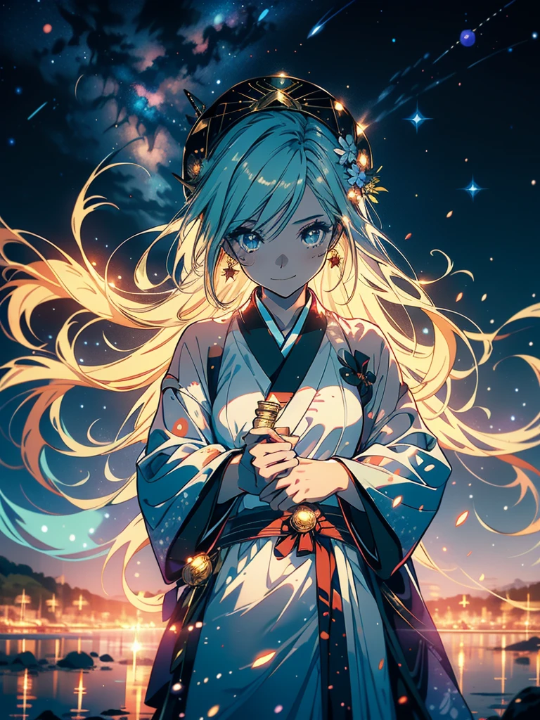 Masterpiece,Masterpiece, best quality,1boy,1girl, Orihime (Hanfu,medium ,cutesmile,cuteHanfu,extreme beauty, cute),Hikoboshi(Hanfu,handsome, cool), Tanabata, background Milky Way, star-filled sky. shining stars, twinkliars, summer triangle (Orihime star, Hikoboshi, star Choboshi) Bright stars, beautiful stars, starry sky, spectacular scenery} Orihime andHikoboshi face eachother and are happyto be reunited.Orihime and Hikoboshi are in the Milky Way