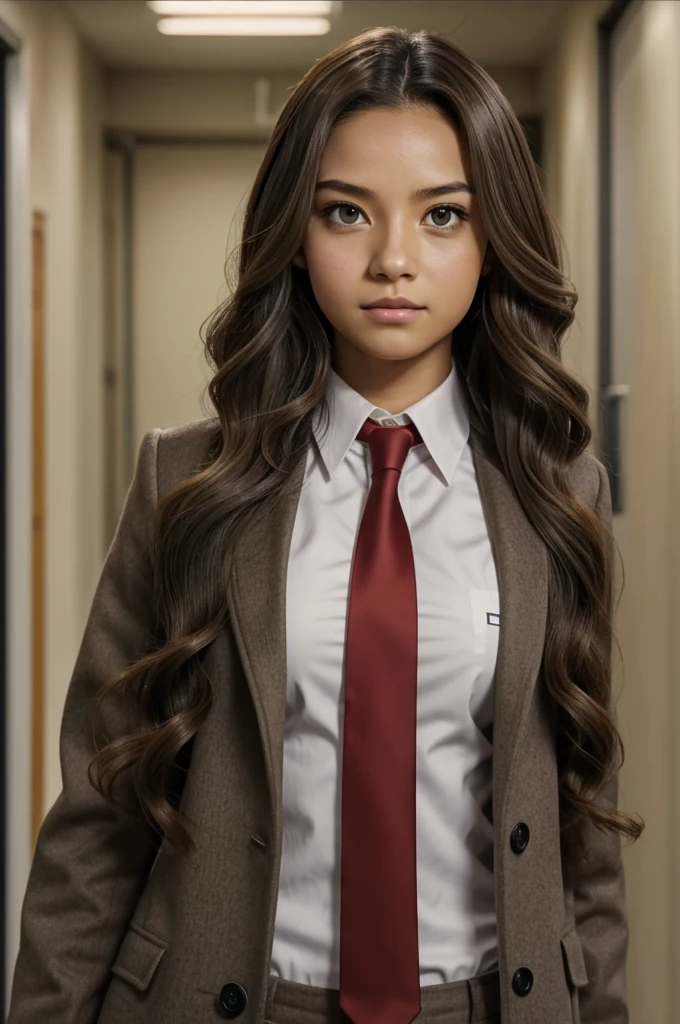 Screenshot of boku no hero academia, Woman with light brown complexion, long hair with brown waves, big honey green eyes, uniform gray coat red tie, posing, school hallway background, looking at the camera head on.