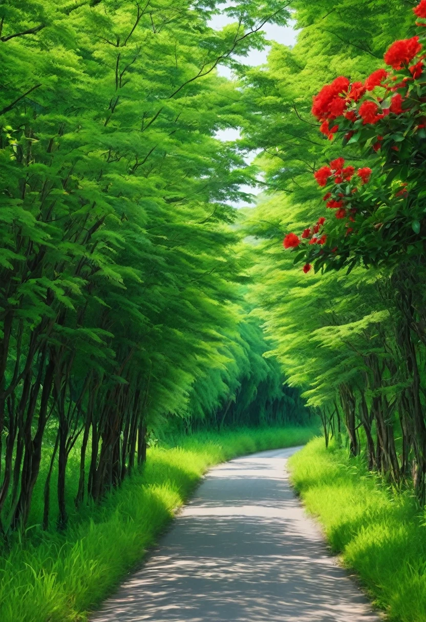 Photography，Summer in the countryside，Summer trees，Lush greenery，There is a tree above，Below is the river，Upper and lower structure，乡间Creek，Creek，Reflection of tree，Reflection of red flowers，Creek倒影，Reflection of red flowers