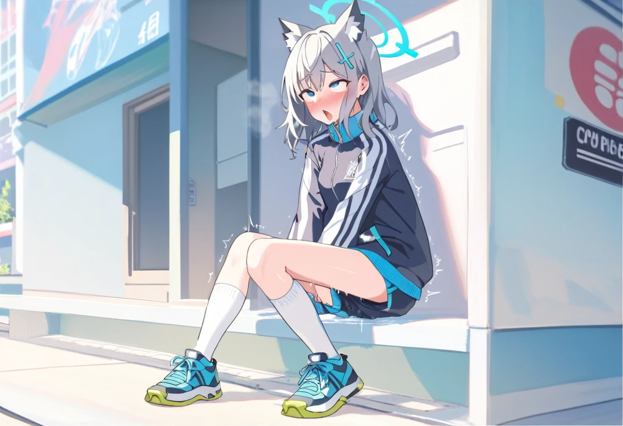 Browsing Caution,masterpiece,Highest quality,High resolution,Very detailed,sauce_anime, screenshot, Shiroko \(Blue Archive\)、Blue eyes、Grey Hair、Medium-long hair、Wolf Ears、Hello,Track jacket,Bloomers,White socks,sneakers,Ahegao, Masturbation, corner Masturbation, naked, Blushing, trembling