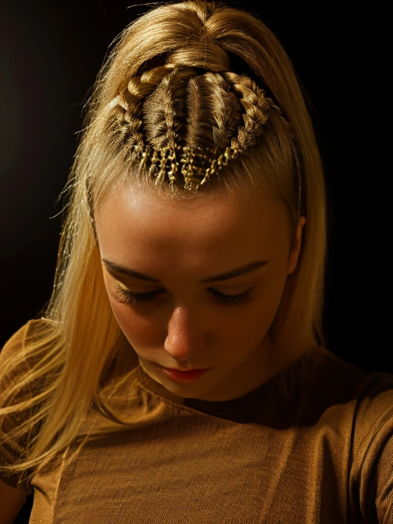 Top view. close up portrait of a Beautiful Russian woman with blonde hair. short braids, short hair, blue T-shirt. Pale skin. hair with braids. [The character is surrounded by mist, evoking a mysterious and eerie atmosphere. The lighting is dark and atmospheric, with a red smoke adding a touch of sinister ambiance. The image is of the best quality, with a resolution of 4k and HDR enhancement, showcasing the utmost level of detail and realism, sfw, full body shot.]. [8K, Best Quality, Masterpiece, Ultra High Resolution, (highly detailed CG unity 8k wallpaper), (best photo), (best shadows), isometric 3D, octane rendering, ray tracing, highly detailed, (Best quality, 4K, 8k, A high resolution, masterpiece:1.2), absurdity, ultra detailed, (realistic, photorealistic, photorealistic:1.37), complex parts, HDR, (complex parts:1.12), (hyper detailed, hyper realistic, Soft lighting, spicy:1.2), (complex parts, Hyper detailed:1.15). Blurred foreground. (backlit), realistic, masterpiece, high quality, brightness, chromatic aberration, 8k uhd, some smoke, shadows, contrast, clear sky, (warm hue, warm tone), high details, natural reflections]. 