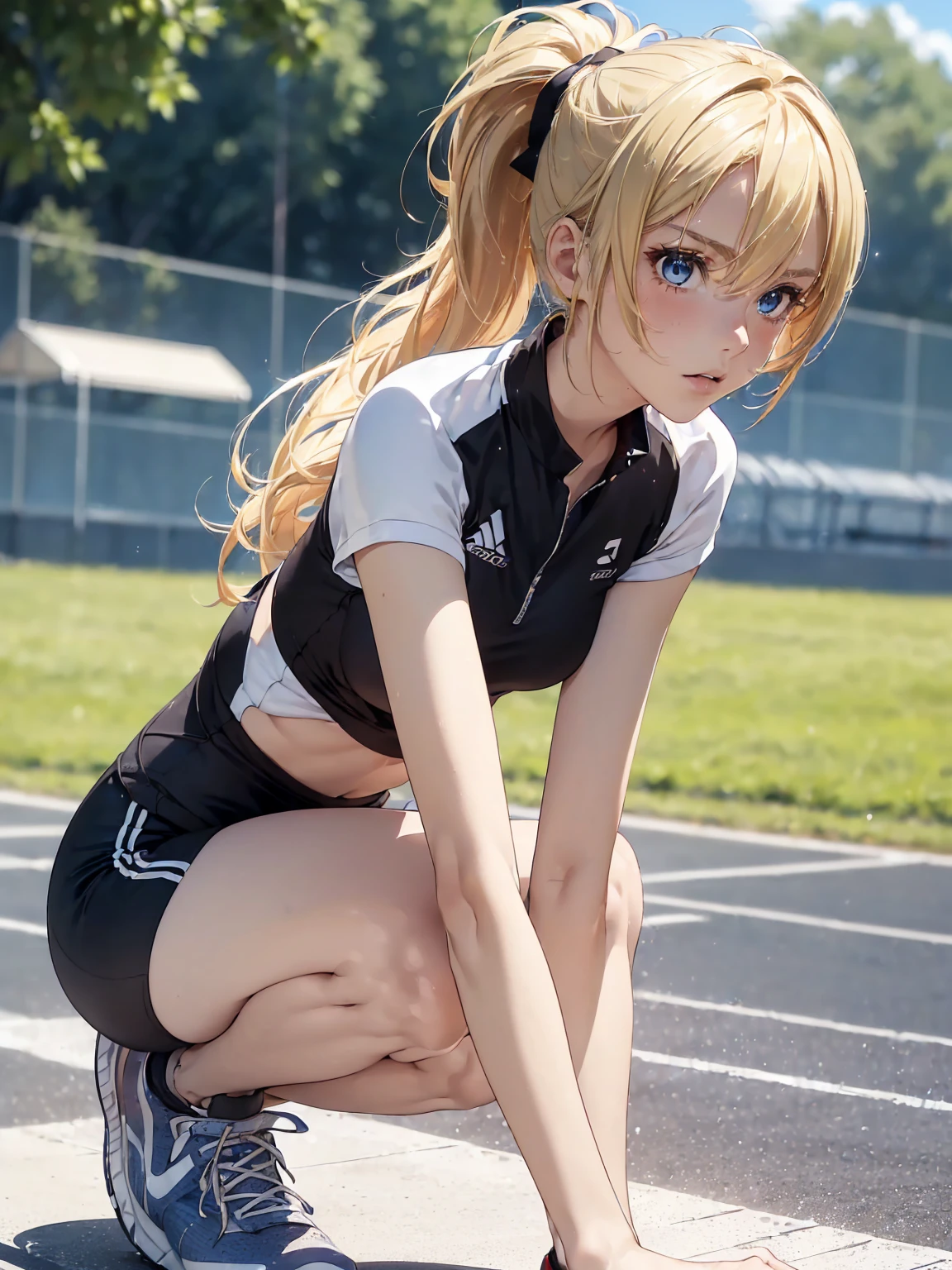 masterpiece, best quality, lineart, anime screencap, sketch, (1girl), (blonde hair, ponytail, bangs, hair swaying from the wind:1.3), (blue eyes, bright pupils, sparkling eyes:1.15), (wearing track uniform, black track uniform, tight clothes, running shoes:1.4), (midriff, toned arms, toned legs:1.3), solo, (focused, preparing to run, crouch start, doing the crouch start:1.5), light particles, scenery, outdoors, (track field), clear skies, sunny skies, white clouds, bokeh, ambient lighting, vibrant colors, blurry background, 200mm lens, 
