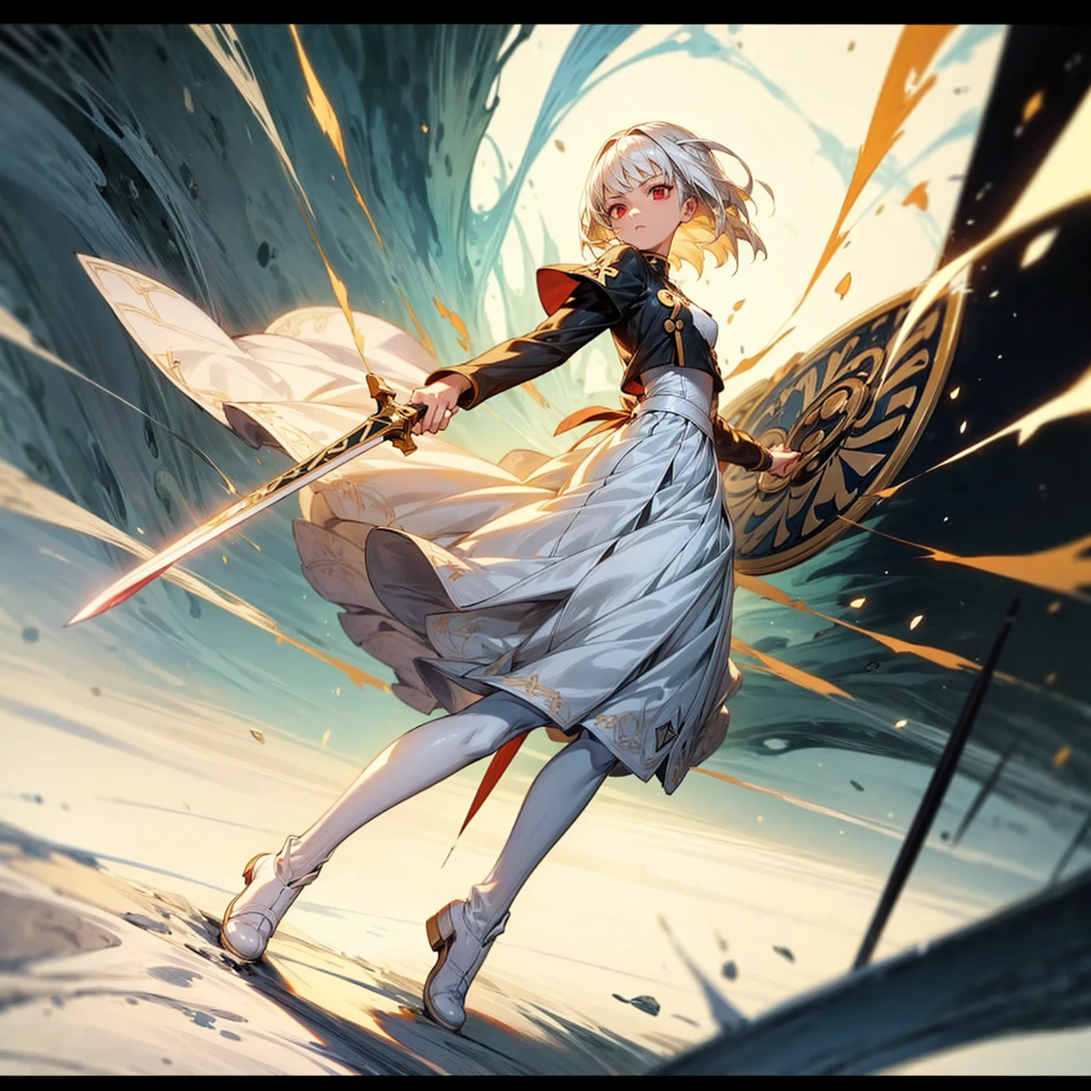 1girl, Full body version, 1character, light red eyes color, white skin, short hairstyle, white colour hair, saber style clothing, Long skirt, long socks, long boots, dagger knife in hand, small Shield in hand, full background, Grassroots background in village, motion blur, shadow, battle gesture, (one piece style art)