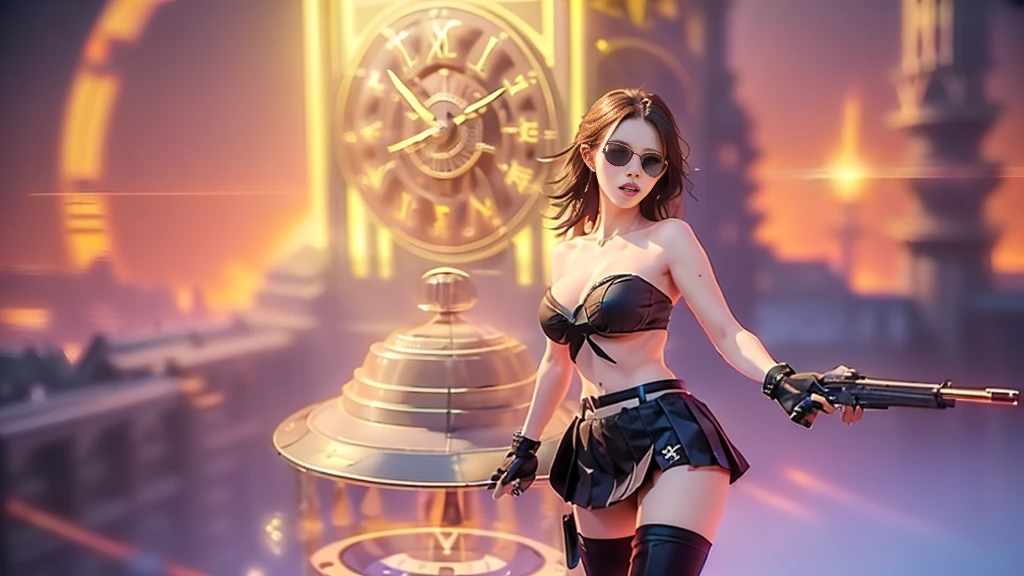 (aerial view). at night, futuristic sci-fi cyberpunk city, broad viaduct, skyscrapers at the end of the viaduct, the movie "13th Floor" style, (((((voltex-spirit-spreading giant clock tower as time machine))))), hq. Matrix style, at night, (1girl, solo), photo realistic, (large-breast:1.2 slim body, cleavage:1.3), (((tube top, extreamly short pleated (((miniskirt)))))), (((((matrix style black sunglasses))))), (((((aiming at camera with a (short:0.8 pistol)))))), (((half-body (thigh level) medium shot))), (cinematic lighting).