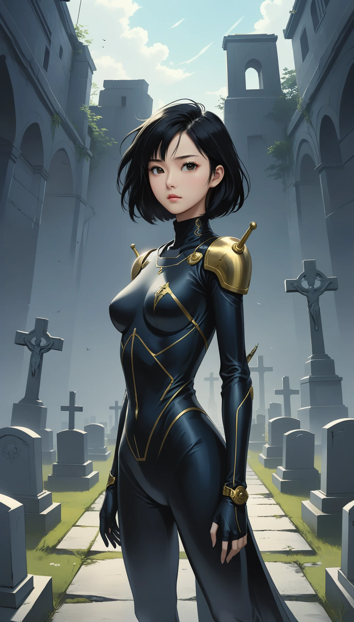 1 Girl、Medium Bust、solo、Black Hair、Twin tailobile Trace Suit、Shoulder Armor、ceiling、Wide Shot、Looking Ahead、profound、Cemetery、Closed Mouth、Highest quality、medium quality、22 years old、Asian