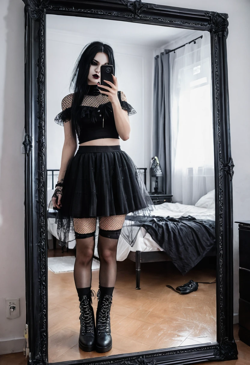 gothic chuca, with black skirt, mesh netting, gothic boots, taking a photo with his phone, in the mirror of your room