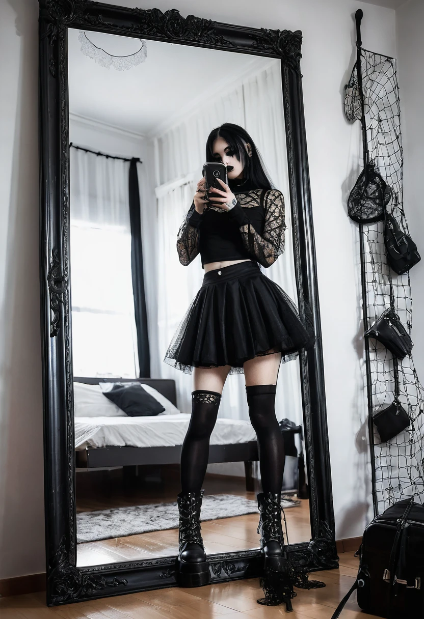 gothic chuca, with black skirt, mesh netting, gothic boots, taking a photo with his phone, in the mirror of your room 