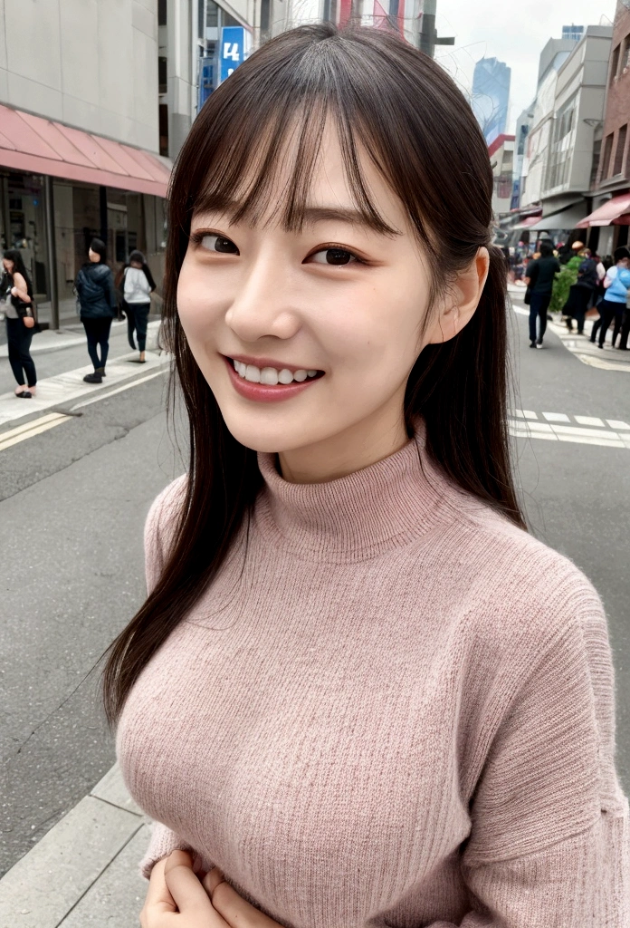 １people、Delicate skin quality、日本people、((Highest quality, 4K, Masterpiece: 1.3)), Beautiful style: 1.4, Long hair, Pink knit, Large Breasts, Wet body, Sweaty, Place your arms on your hips, smile, Highly detailed face and skin texture, Fine grain, double eyelid、The whole body is visible、White teeth、bustling street