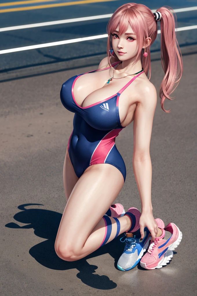 Honoka, stadium,playground,Sportswear,Pink Hair,Huge breasts,Cleavage,Low-cut,Lovely,necklace,earrings,Sportswear,Shy,Lovely,Gymnastics服,Gymnastics,Tights,Coverall,Shy ,Kneeling,sports shoes