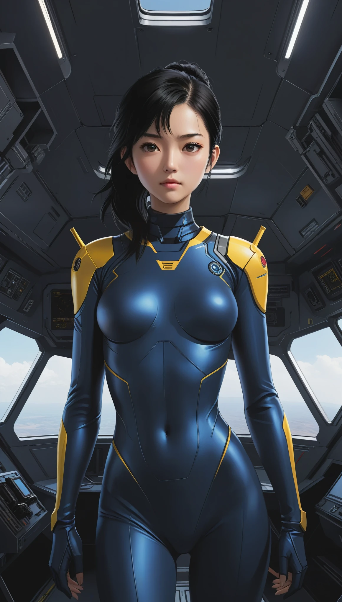 1 Girl、Medium Bust、solo、Black Hair、ponytail、Mobile Race Suit、Shoulder Armor、ceiling、Wide Shot、Looking Ahead、profound、cockpit、Closed Mouth、Highest quality、medium quality、22 years old、Asian