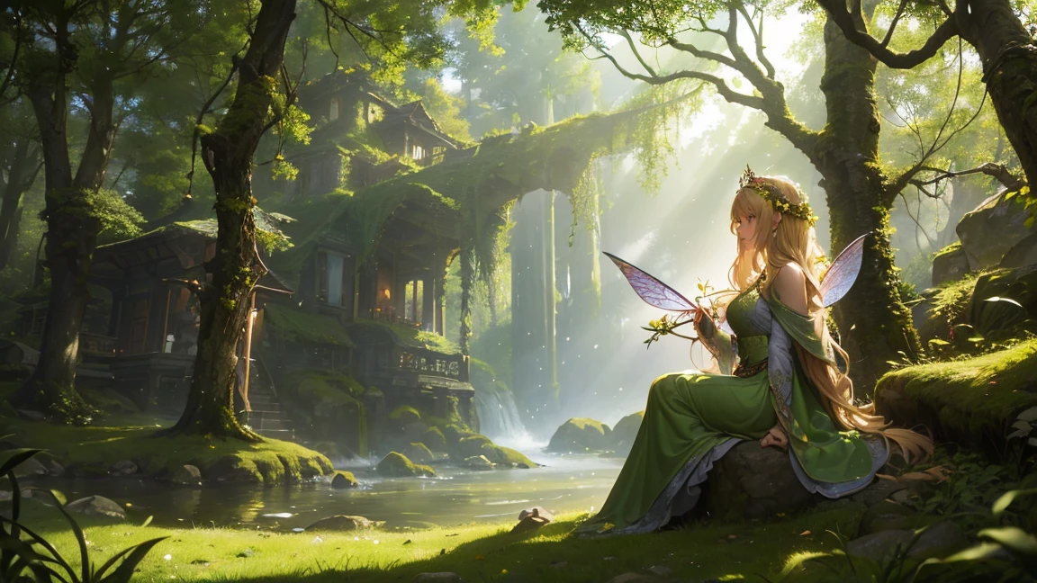 ( Absurd, high quality, Super detailed, masterpiece, Concept Art, Smooth, Highly detailed artwork, Hyperrealistic painting ) ,In an enchanted forest, beautiful sunlight filters through the trees. In the center, a fairy woman with long blonde hair sits on a moss-covered rock, wearing a green dress and a crown of flowers. She has translucent fairy wings gracefully extended from her back. The overall atmosphere is magical and serene, highlighting the natural beauty of the surroundings.