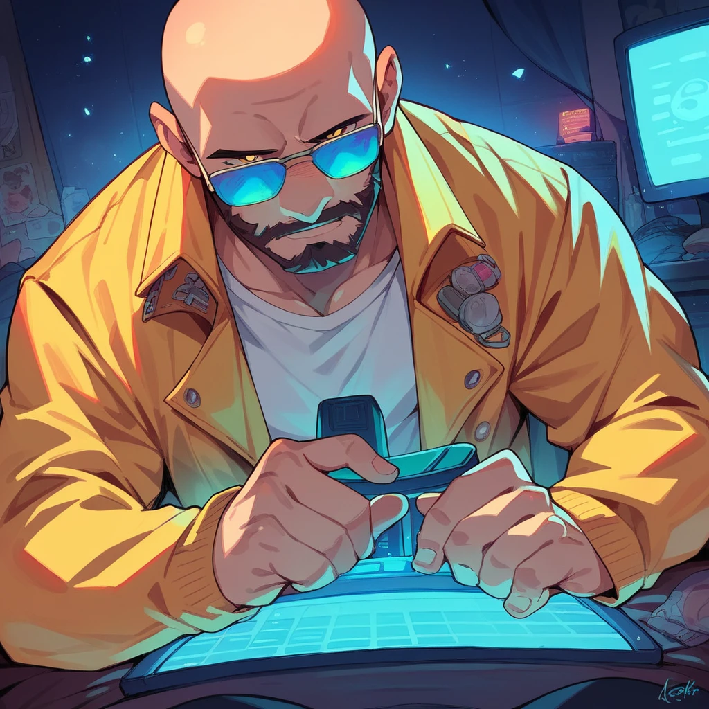 A bald guy with a short, stylish beard, athletic body, wearing yellow jacket with blue neon, sunglasses, in his bedroom, using a computer to hack, sci fi environment, night-time, POV view