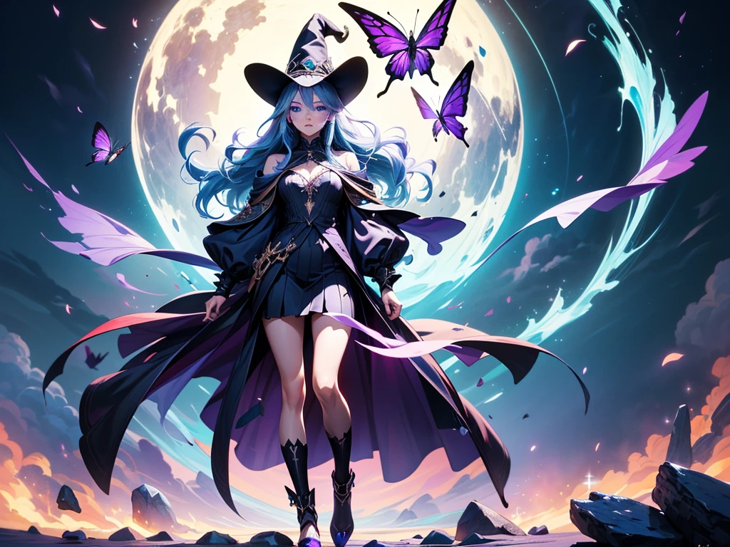 In the middle of so the storm on the stone field stand beatiful witch, she have a beautiful face with blue eyes shining purple lipstick and purple eye shadows, she have long blue hair with purple highlights, she dressed in black long coat short skirt high heels shoes and witch hat on her head , there is lighning butterflys fly all around her, (ultra high quality fantasy art, anime fantasy style, masterpiece, ultra high quality character design, 8k quality anime art, realistic anime art, top quality wallpaper illustration, detailed ultra high quality accurate face, high quality design and accurate physic)