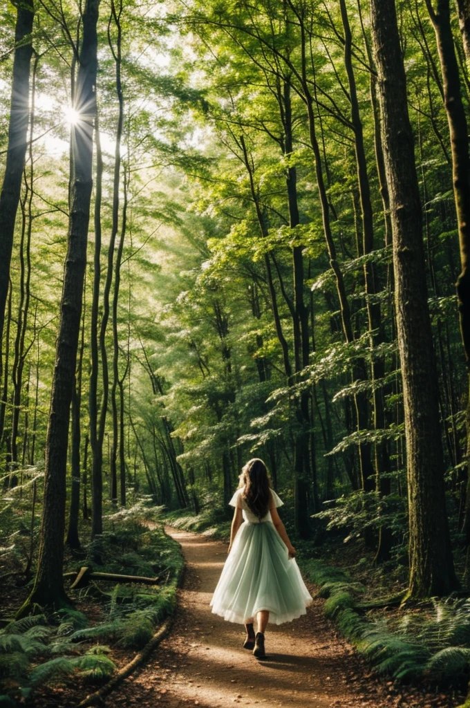 Forest fairy walking through a beautiful forest