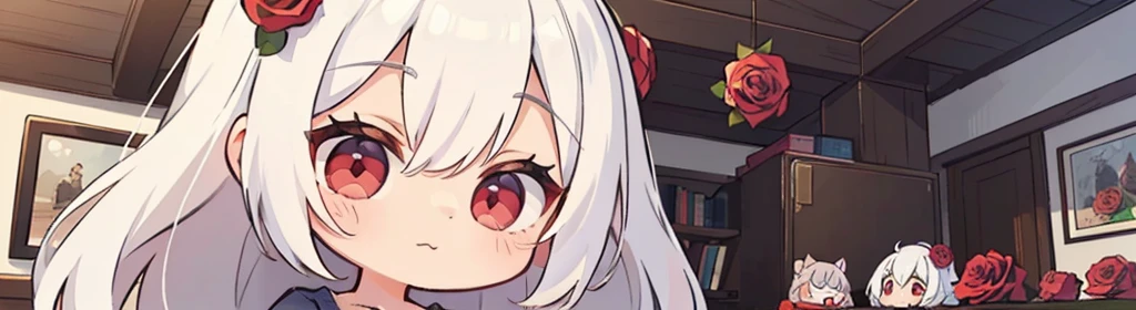 ((((1girl:1.5)))), white hair, red eyes, long hair, (collarbone:1.4), (2d, chibi, cute, cute, small , big eyes), ((((rose)))), skin color white, background/(in the room ,modern girl&#39;s room, bed, Soft mood lighting)