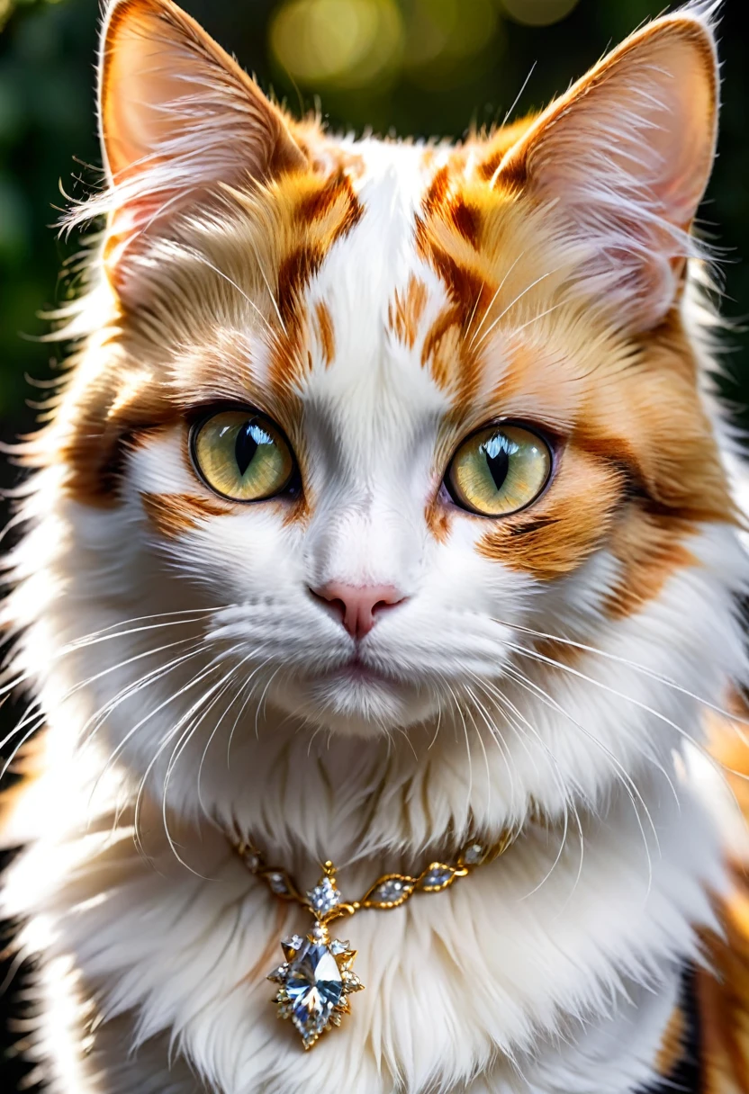 A stunning she-cat with a striking calico coat. Her fur is a beautiful mix of pure white, shimmering gold, and deep black patches that blend seamlessly. Her eyes are a mesmerizing, diamond-like color, sparkling with clarity and depth. The contrast between her elegant coat and her luminous eyes gives her a regal and enchanting appearance.
