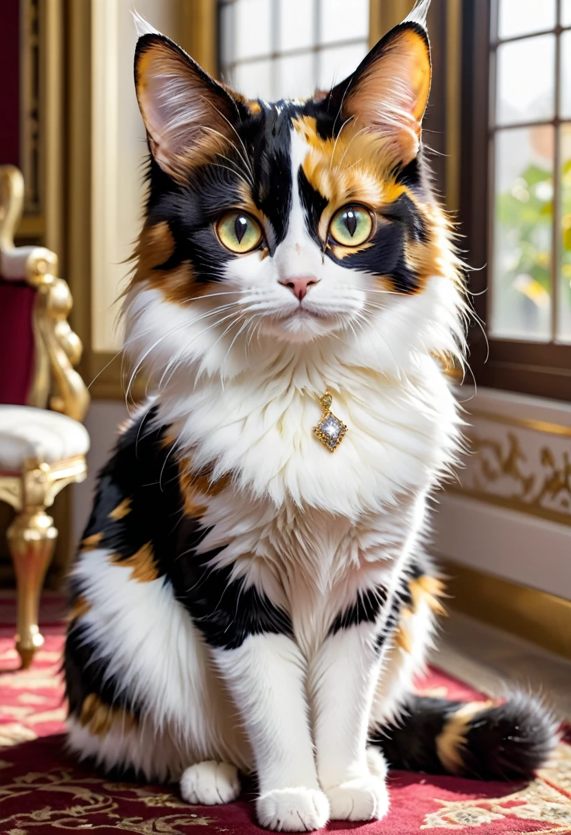 A stunning she-cat with a striking calico coat. Her fur is a beautiful mix of pure white, shimmering gold, and deep black patches that blend seamlessly. Her eyes are a mesmerizing, diamond-like color, sparkling with clarity and depth. The contrast between her elegant coat and her luminous eyes gives her a regal and enchanting appearance.