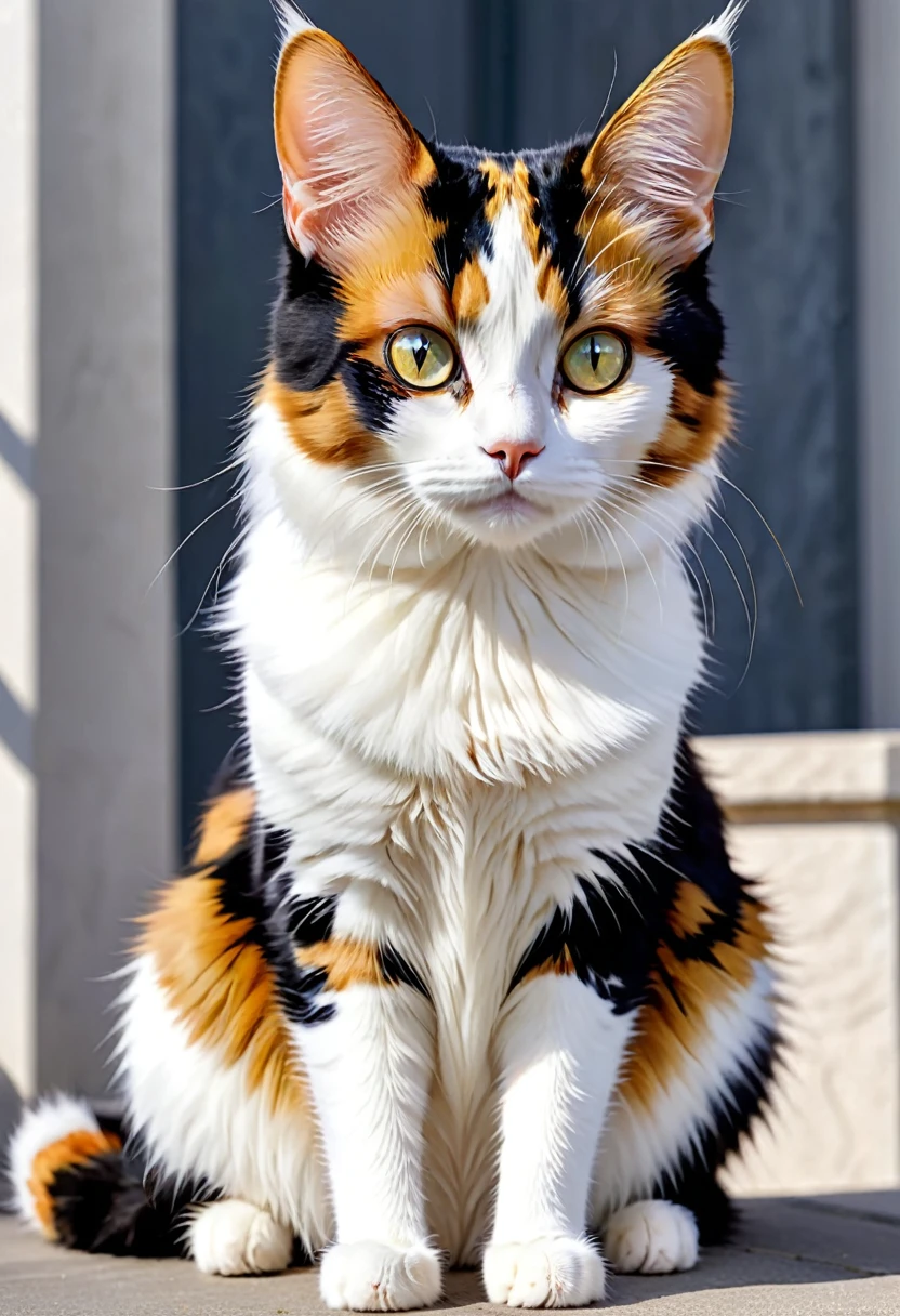 A stunning she-cat with a striking calico coat. Her fur is a beautiful mix of pure white, shimmering gold, and deep black patches that blend seamlessly. Her eyes are a mesmerizing, diamond-like color, sparkling with clarity and depth. The contrast between her elegant coat and her luminous eyes gives her a regal and enchanting appearance.