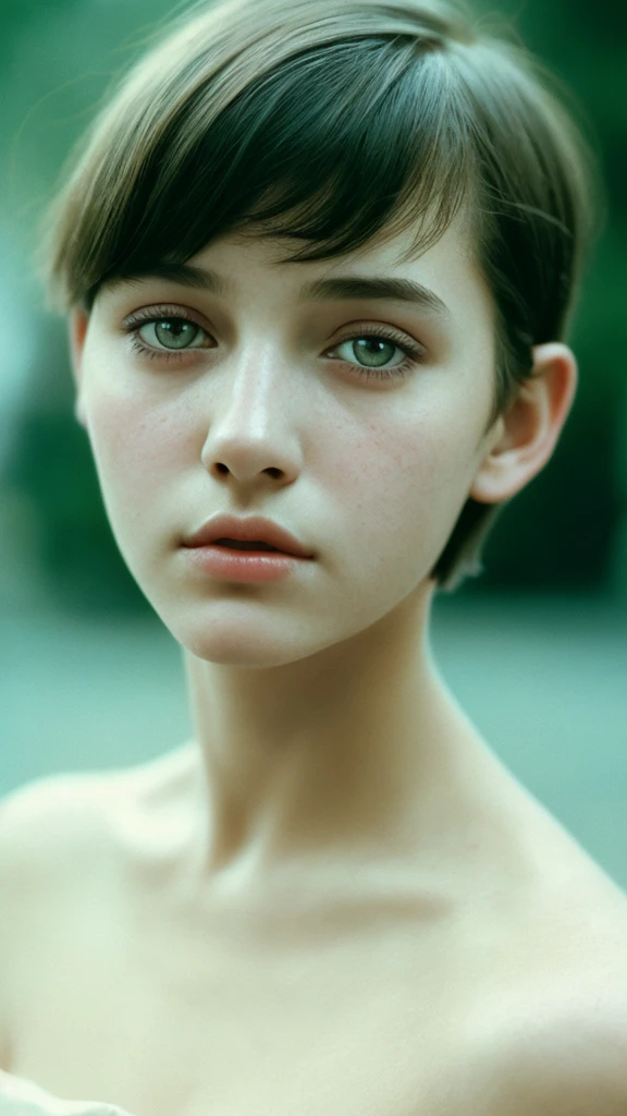 Film portrait photography, 1girl, bare shoulders, short hair, gentle, benevolent, gentle gaze, (realistic detailed eyes, natural skin texture, realistic face details), soft dramatic lighting, depth of field, bokeh, vivid details, detail, ultra-realistic, 35mm film, blur