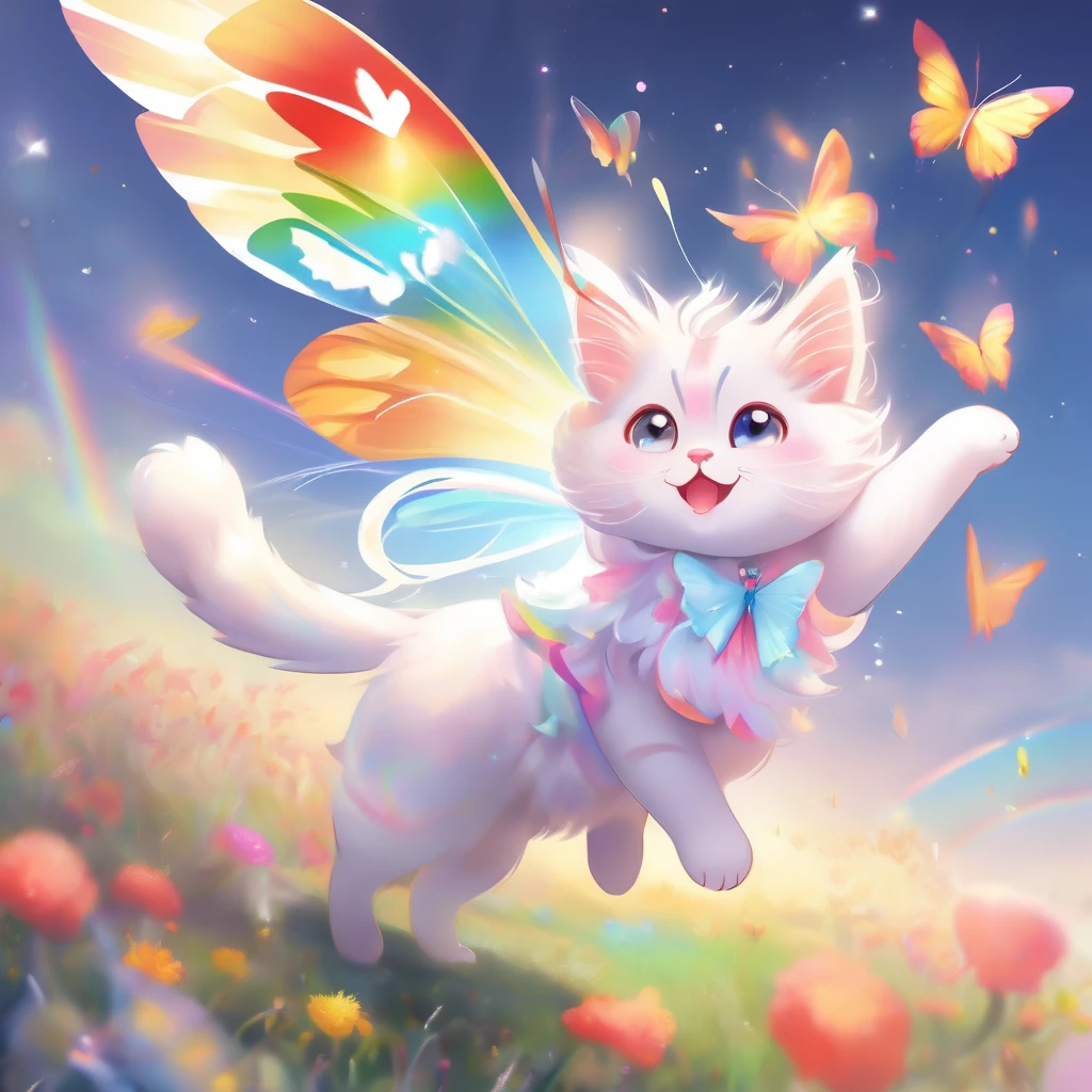 Butterfly and cat fusion。Fluffy fur cat。Jump。fly in the sky。Rainbow colors。bright。Fairy。Flower field and crystal。mineral。Quadrupedal。