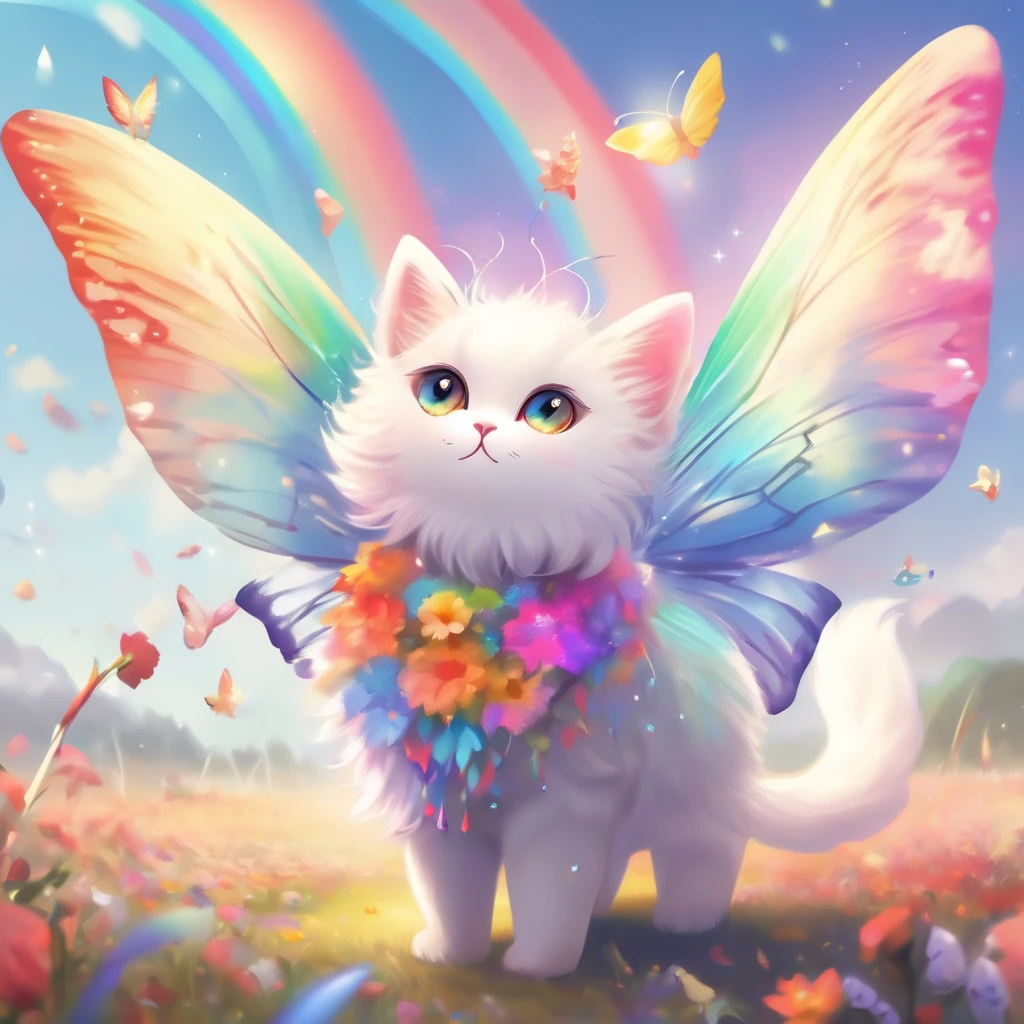 Butterfly and cat fusion。Fluffy fur cat。Jump。fly in the sky。Rainbow colors。bright。Fairy。Flower field and crystal。mineral。Quadrupedal。