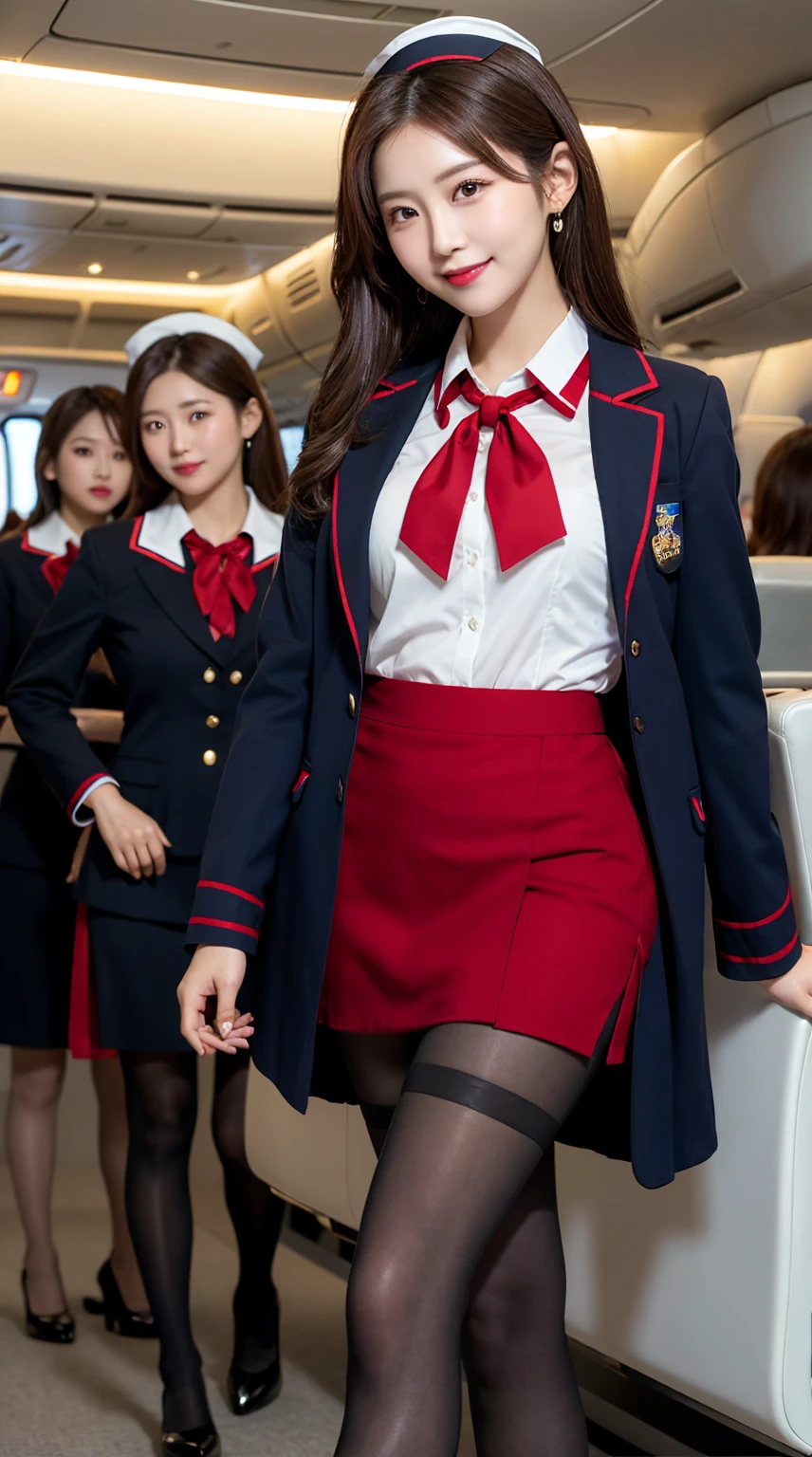 ​highest quality、8k、best image quality、Award-winning work), two beautiful women、(2 women:1.6), radiant beautiful skin , masterpiece、top-quality、The ultra -The high-definition、depth of fields、lens flare , 2 girls、、brown hair, watching at viewers glares, large breasts ,  stewardess uniform, ( crimson stewardess blazer:1.3),  shirt, short crimson  skirt, (black high heels), perfect legs, model pose, view from below, smiling , flight cabin, pantyhose 
