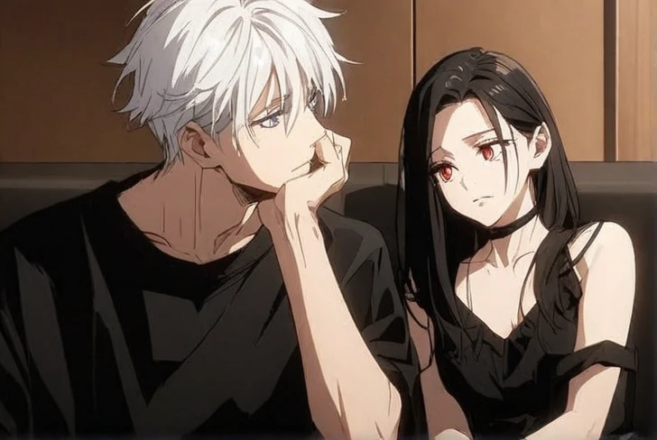 An anime-style image featuring two characters sitting closely together. The character on the left has spiky white hair, light blue eyes, and wears a black shirt. He is resting his chin on his hand while looking at the other character. The character on the right has long black hair, red eyes, and is dressed in a black outfit with a thin strap. She has a calm expression, and both of them are sitting on a couch in what seems to be an intimate setting.