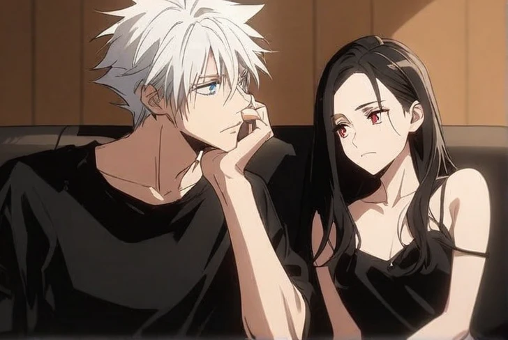 An anime-style image featuring two characters sitting closely together. The character on the left has spiky white hair, light blue eyes, and wears a black shirt. He is resting his chin on his hand while looking at the other character. The character on the right has long black hair, red eyes, and is dressed in a black outfit with a thin strap. She has a calm expression, and both of them are sitting on a couch in what seems to be an intimate setting.