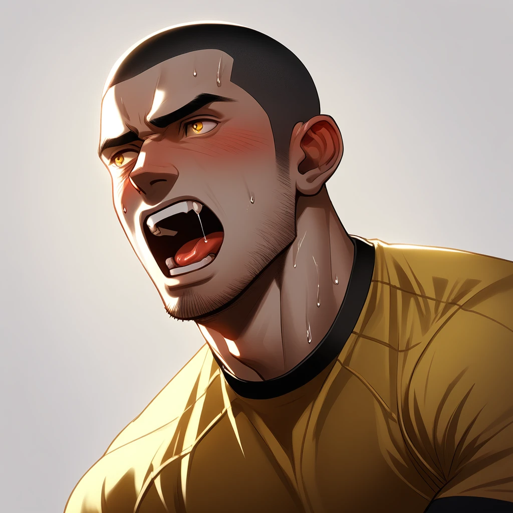 1muscular sportsman, Athlete, male focus, Buzz Cut, Yellow and black tight T-shirt, One, Very tight, muscular male, muscular, only, Upper body, alone, look to the side, short hair, stubble, sweat, black hair, Yellow eyes, open lips, White background, simple background, amazing quality, best aesthetics, Ridiculous, crew cut, moaning, blush, saliva trail, chiaroscuro, cinematic lighting, best quality, textured skin