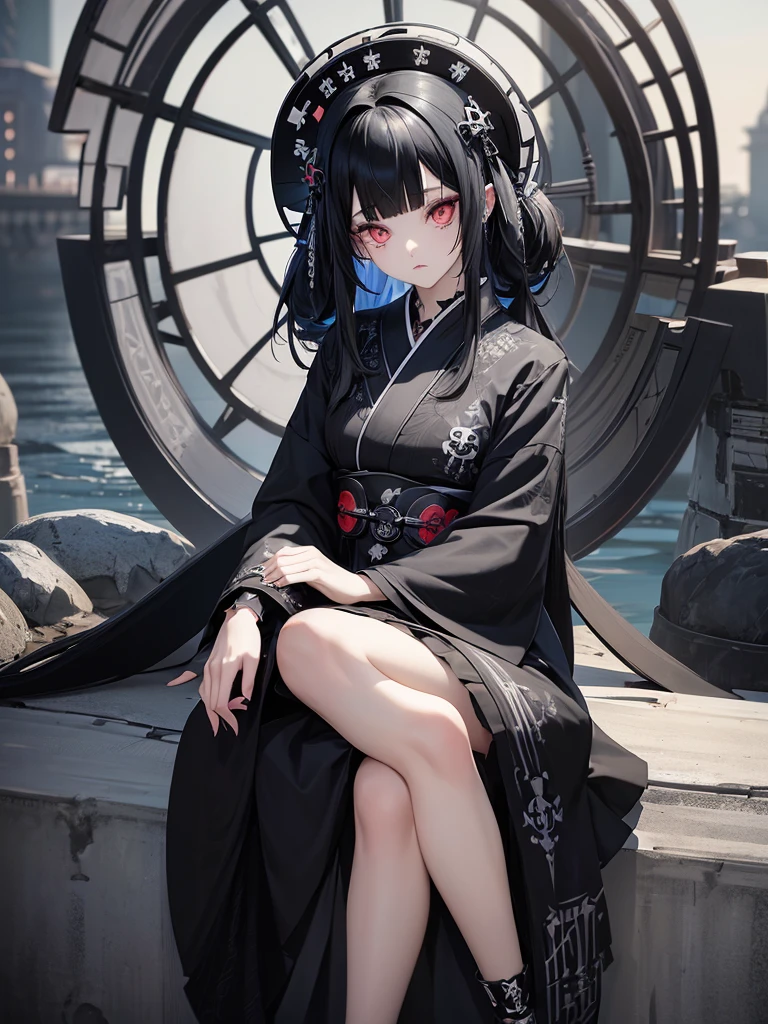 Black Hair、Black Feather、Gothic punk dress、Legs sticking out, Crossing your legs、anime zombie witch design, Crossbones, Streetwear Design, Provector, Horror Style, Full Design, Only 6 colors, Solid Colors, No Shadow, Full Design, Stickers, Bright colors, White Background.Ultra-fine illustrations,(((Beautiful fine hair))),(((Beautiful Faces))),(((Beautiful background))),(((Beautiful fine hair))),(((Beautiful Faces))),(((Beautiful background)))、Black Hair、Blunt bangs,Undershot,yukata,Tanabata,River side