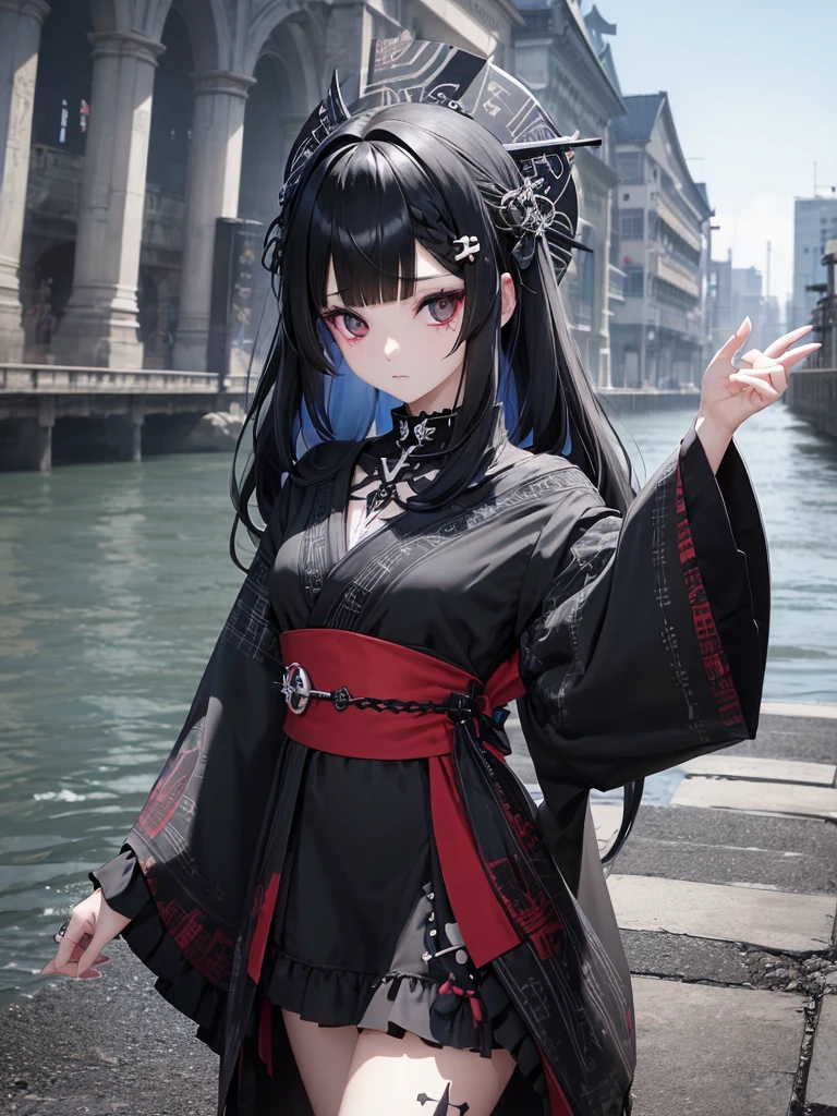Black Hair、Black Feather、Gothic punk dress、Legs sticking out, Crossing your legs、anime zombie witch design, Crossbones, Streetwear Design, Provector, Horror Style, Full Design, Only 6 colors, Solid Colors, No Shadow, Full Design, Stickers, Bright colors, White Background.Ultra-fine illustrations,(((Beautiful fine hair))),(((Beautiful Faces))),(((Beautiful background))),(((Beautiful fine hair))),(((Beautiful Faces))),(((Beautiful background)))、Black Hair、Blunt bangs,Undershot,yukata,Tanabata,River side