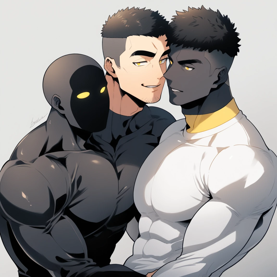 anime characters:Two superheroes in tights, Muscle Sports Student and Muscle No Face skinhead superhero, No Face,negro black skin, They hugged and kissed each other, Bite your neck, Caress, Manliness, male focus, Yellow and black high collar long sleeve tight T-shirt, Slightly transparent material, Very tight, Round, full and perky chest muscles, Muscle waist, Slightly transparent, muscular male, muscular, only, Upper body, alone, Black short hair, Thick eyebrows, stubble, Yellow eyes, Grey background, simple background, amazing quality, best aesthetics, Ridiculous, bright pupils, crew cut, parted lips, seductive smile, torogao, naughty face, drop shadow, best quality