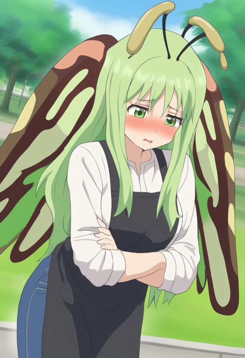 {{portrait, dutch angle}} {{Artist: Sincos}} 1female, mature female, 4 arms, insect girl, bug wings, green eyes, carapace, chitin, antennae, green carapace, green hair, long hair, cute, flustered, day, park, black apron, blue jeans, white shirt,