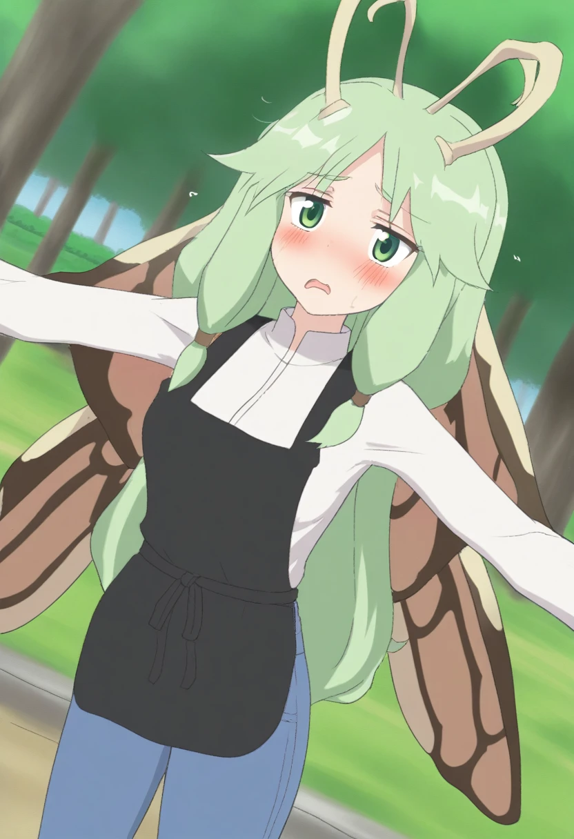 {{portrait, dutch angle}} {{Artist: Sincos}} 1female, mature female, 4 arms, insect girl, bug wings, green eyes, carapace, chitin, antennae, green carapace, green hair, long hair, cute, flustered, day, park, black apron, blue jeans, white shirt,
