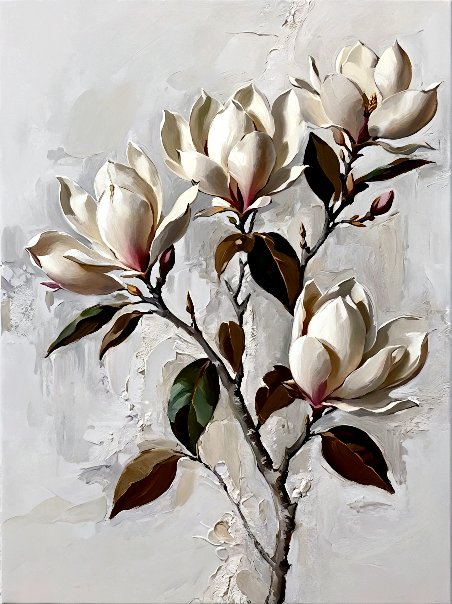 Magnolia flowers，color，Perfect proportion，vanilla，bright，White background，real，emotion，Thick textured paint, 